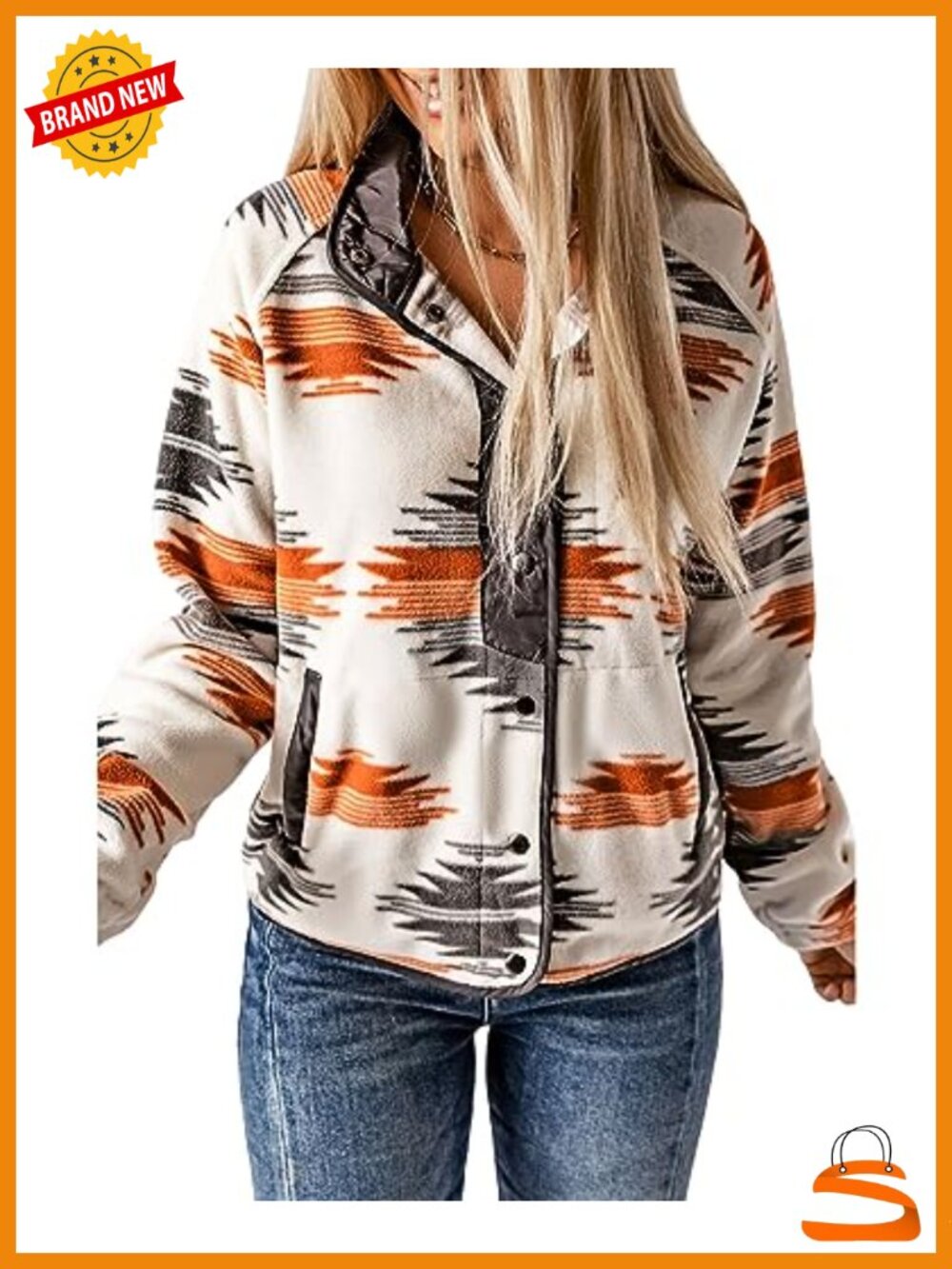 Womens Fleece Jacket Western Aztec Print Snap Button Down Warm Coat